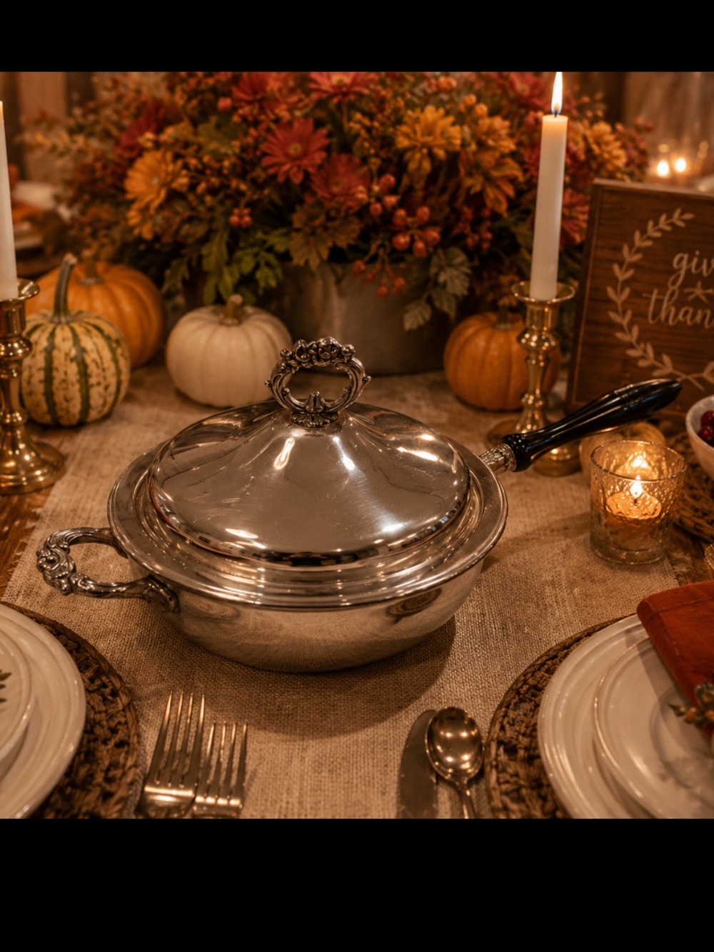 Vintage Silver-Tone Covered Serving Pan with Black Handle